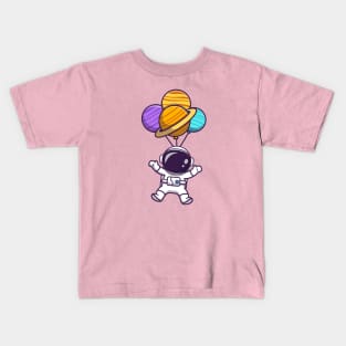 Cute Astronaut Floating With Planet Balloon In Space Cartoon Kids T-Shirt